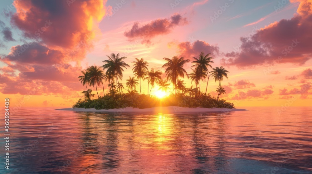 Island paradise at sunset, with the sun partially visible on the horizon. Island paradise at sunset, with the sun partially visible on the horizon.