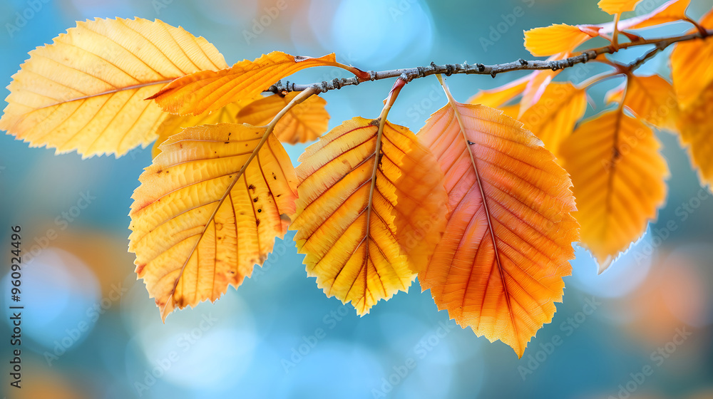 Obraz premium Autumn beech leaves decorate forest land, beautiful nature bokeh background.