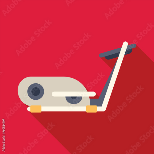 Minimalist flat design icon of a stationary bike providing indoor cardio workout, on red background with long shadow