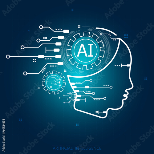 Processor with artificial intelligence AI. Icon with long shadow on blue background. Flat Design.