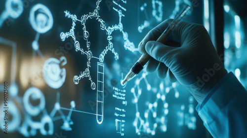 A mature scientistâ€™s hand drawing on glass, focused on complex molecular formulas