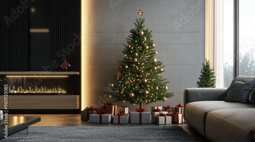 A modern 3D Christmas tree with minimalist decorations, surrounded by sleekly wrapped