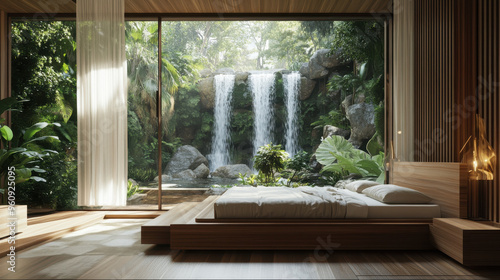 A modern bedroom with a loverâ€™s bed, featuring a view of cascading waterfalls photo