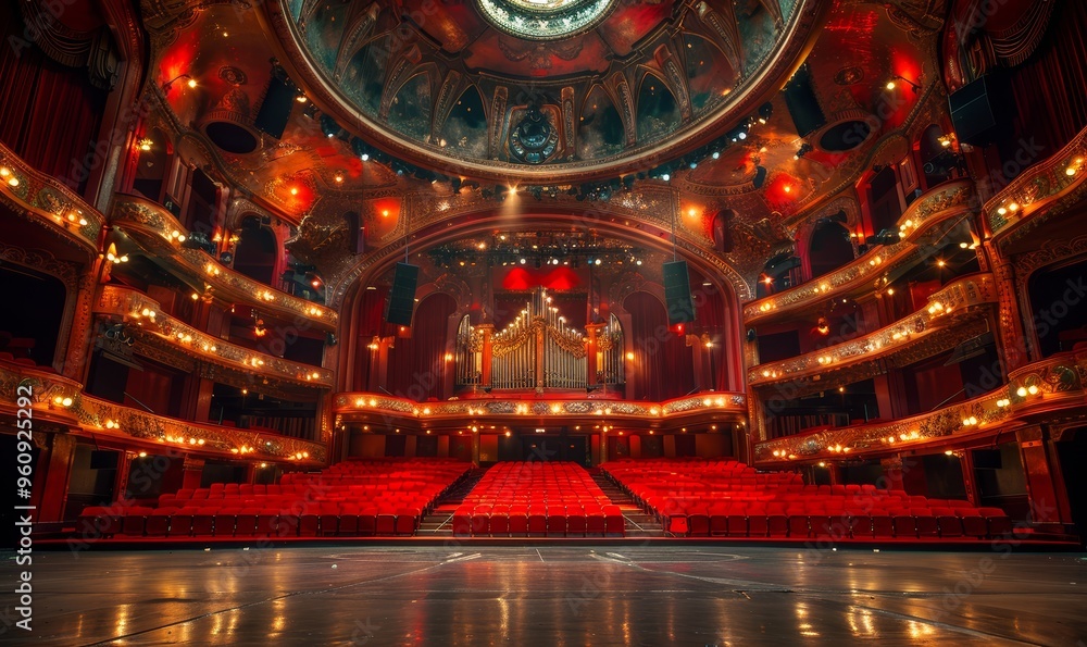 Obraz premium Grand Interior of an Ornate Theater with Red Seats and Elaborate Ceiling Design