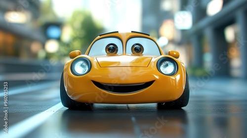 A toy car with human eyes on it drives a cartoon yellow car on the road