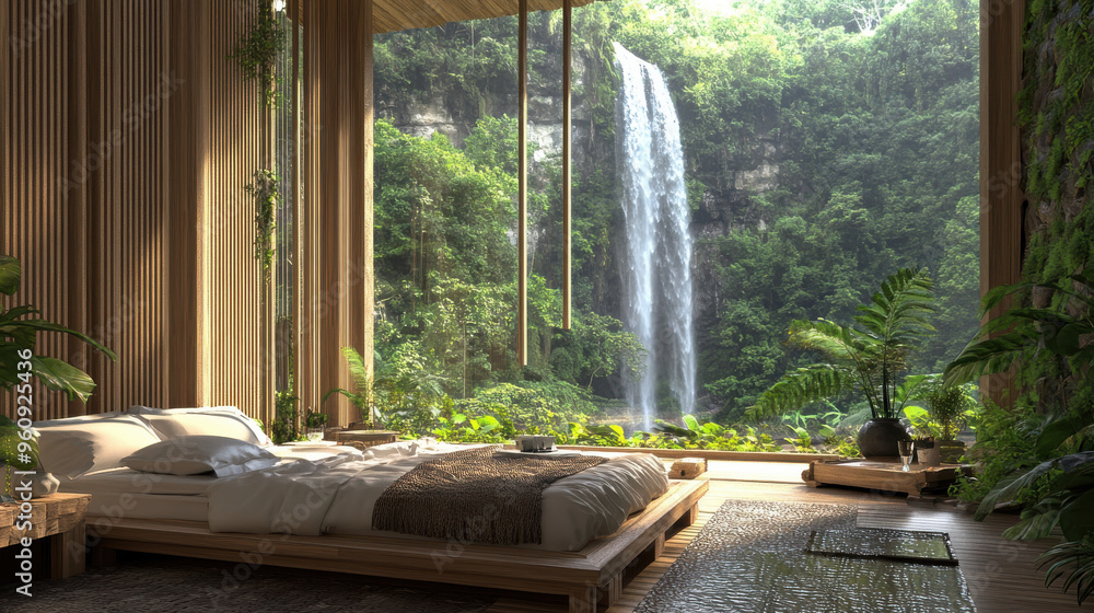 A peaceful bedroom with a lover bed, overlooking a waterfall and surrounded A peaceful bedroom with a lover bed, overlooking a waterfall and surrounded
