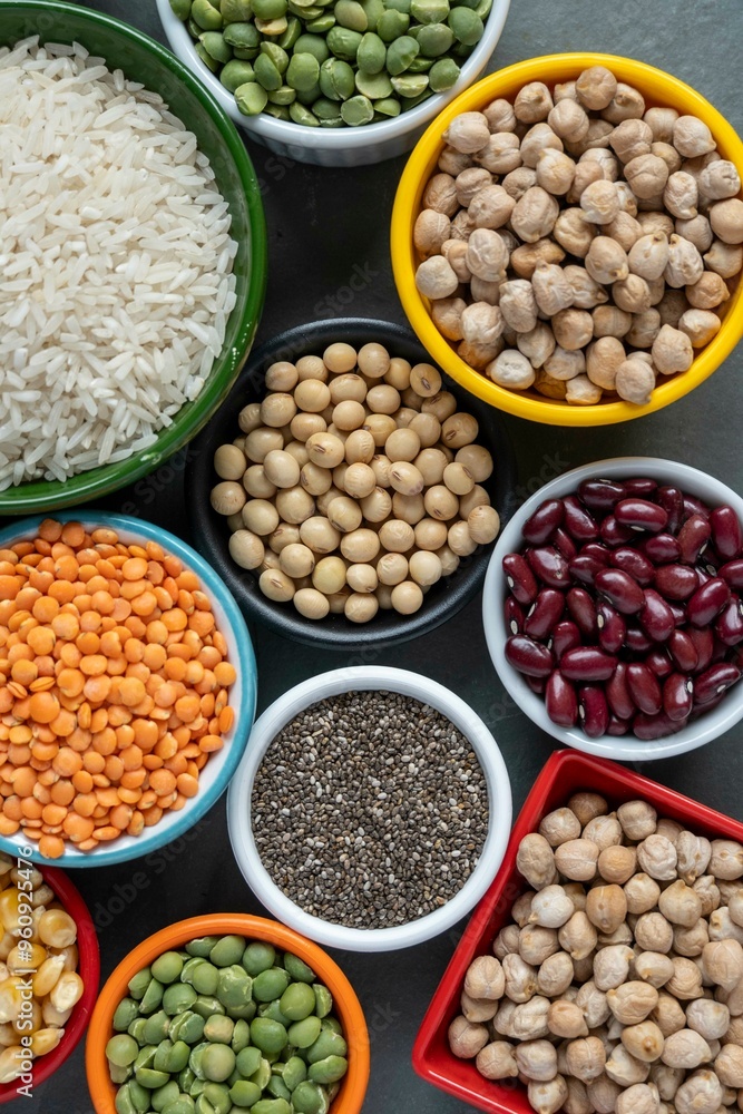 several pots with raw grains for preparing healthy food several pots with raw grains for preparing healthy food