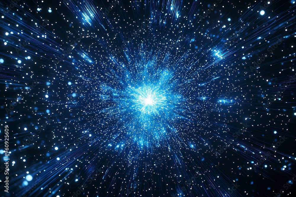Vivid blue explosion of light and energy against a dark cosmic background. Vivid blue explosion of light and energy against a dark cosmic background.