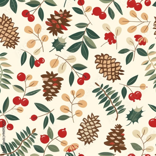 A Christmas themed pattern of leaves and berries with pine cones and red berries