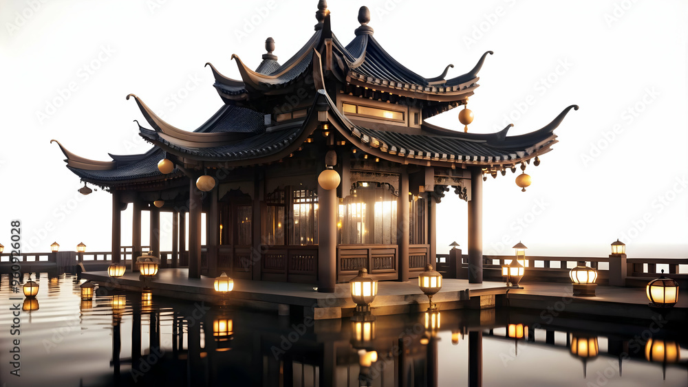 Fototapeta premium Glossy Pavilion with Lanterns: Serene Setting for Mid Autumn Festival Celebration