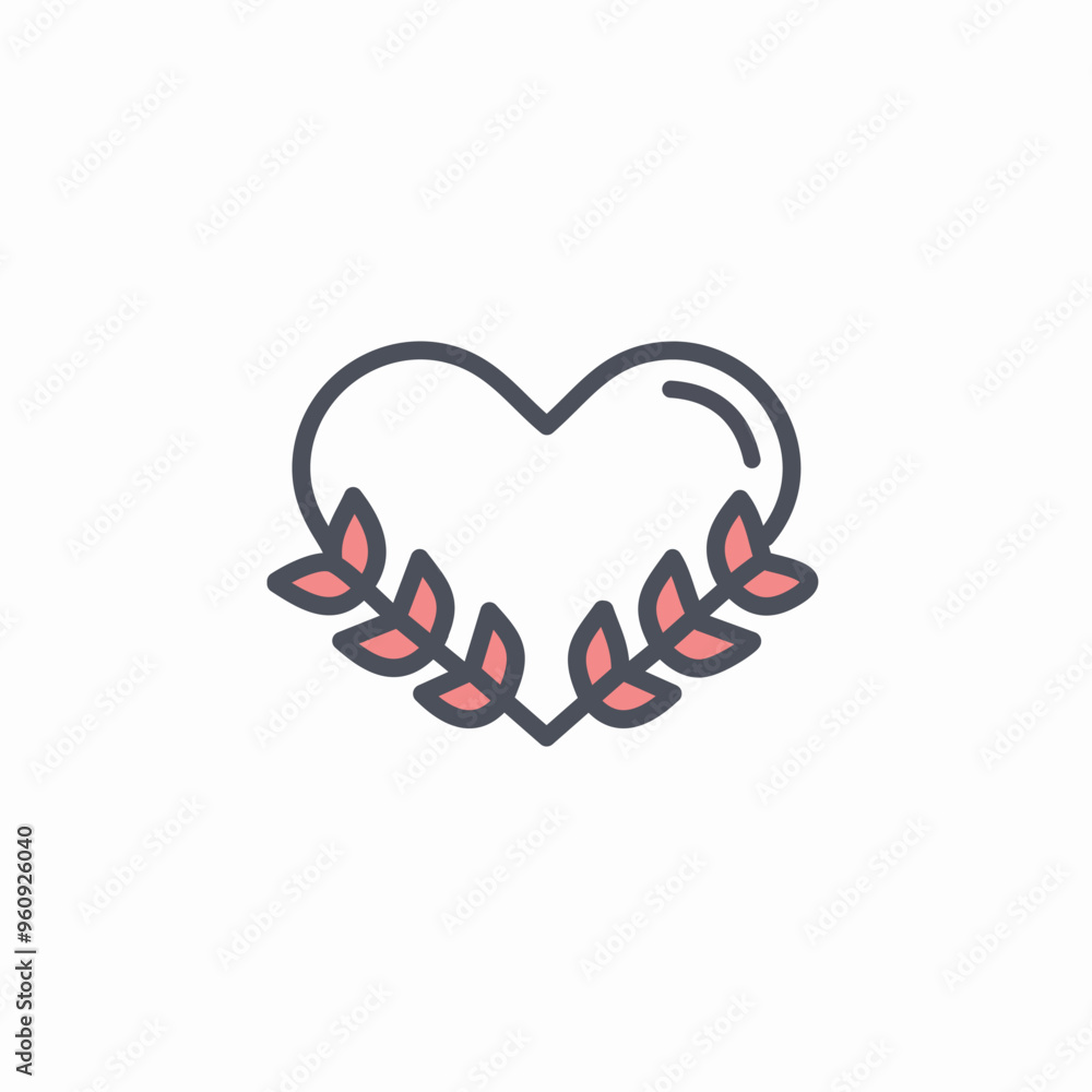 Heart and laurel wreath line icon. Vector illustration, flat design Heart and laurel wreath line icon. Vector illustration, flat design