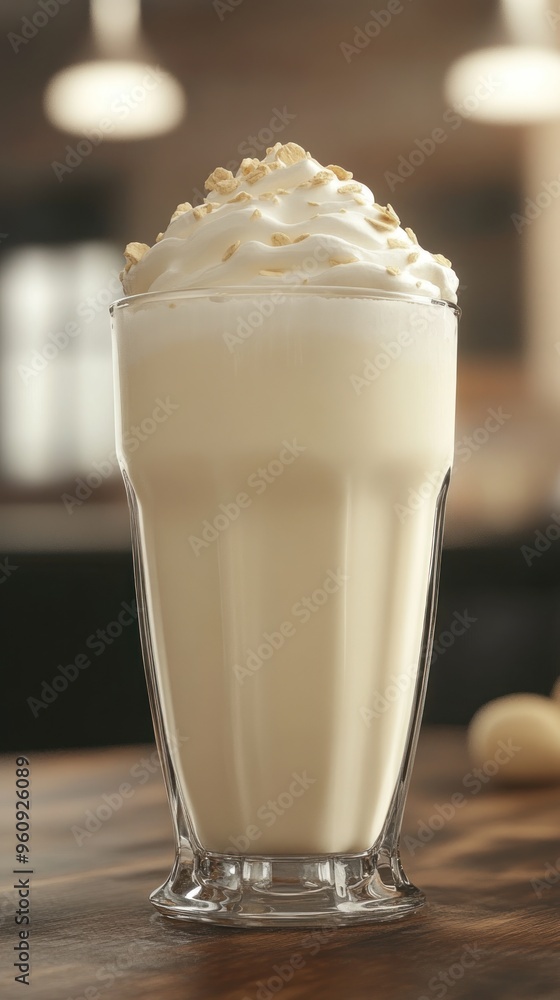 A creamy milkshake with whipped cream and crushed cookies sits on a wooden table. A creamy milkshake with whipped cream and crushed cookies sits on a wooden table.