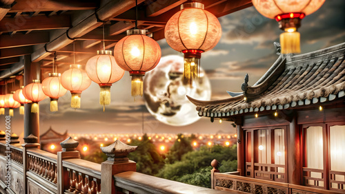 Moonlit Balcony with Lanterns: Tranquil Scene for Mid Autumn Festival Celebration, Full Moon Glow and Peaceful Reflection Captured in Wide Shot