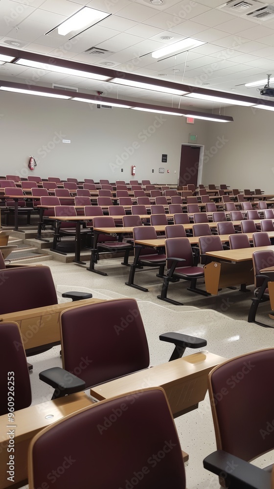 Naklejka premium Empty Modern Classroom with Rows of Desks and Chairs in a University Lecture Hall
