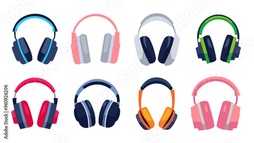 Set of headphones vector flat illustration, headphone clip art collection, headset flat icon set, audio listening media equipment