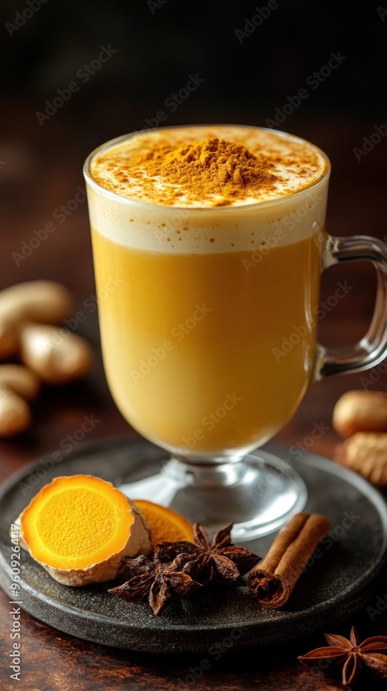 Golden milk latte with turmeric, ginger, cinnamon, and star anise. Golden milk latte with turmeric, ginger, cinnamon, and star anise.