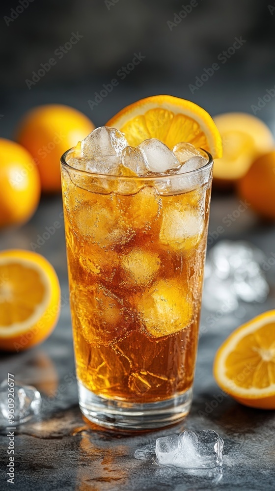 Fototapeta premium Iced tea with orange slices and ice cubes in a glass on a dark background.