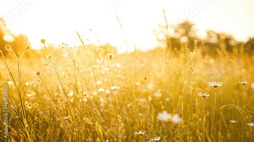 Golden Meadow with White Daisies at Sunset photo