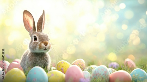 Wallpaper Mural A joyful Easter bunny leaps playfully among a field of pastel-colored eggs under the bright spring sun Torontodigital.ca