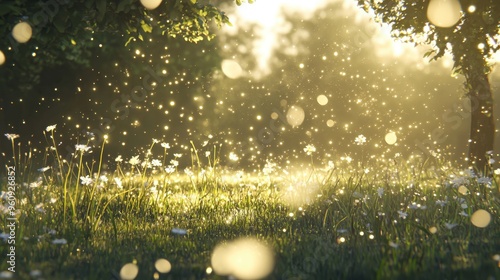 Golden Sunlight through Trees in a Field of White Wildflowers