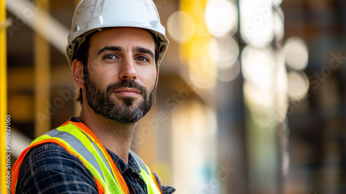 Portrait of a construction worker with safety gear, addressing occupational health issues, determined look