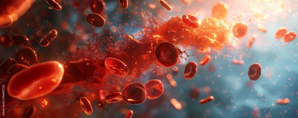 Close-Up of Red Blood Cells in a Vivid Plasma Stream with Glowing Particles and Blue Background Close-Up of Red Blood Cells in a Vivid Plasma Stream with Glowing Particles and Blue Background