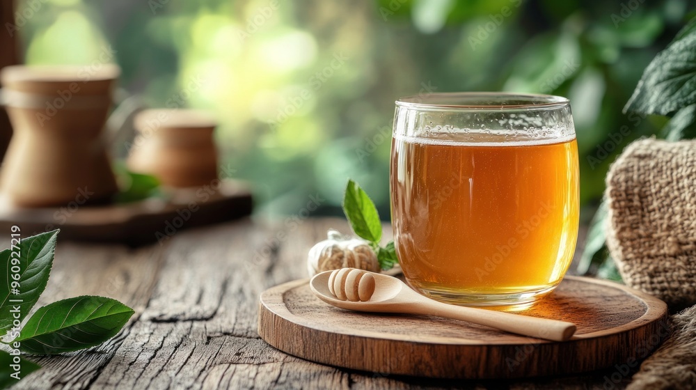 A glass of honey tea with a wooden honey dipper on a wooden tray, with a blurred background of green leaves and a wooden table. A glass of honey tea with a wooden honey dipper on a wooden tray, with a blurred background of green leaves and a wooden table.