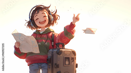 Happy young woman in red sweater holding a map and a suitcase, going on a trip.