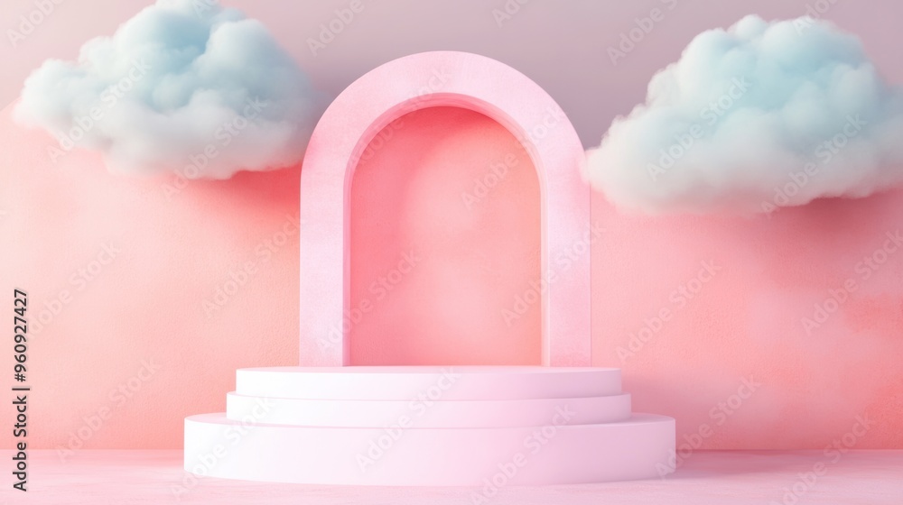 The soft pink podium is surrounded by fluffy clouds, creating an ethereal atmosphere in a pastel-colored environment The soft pink podium is surrounded by fluffy clouds, creating an ethereal atmosphere in a pastel-colored environment