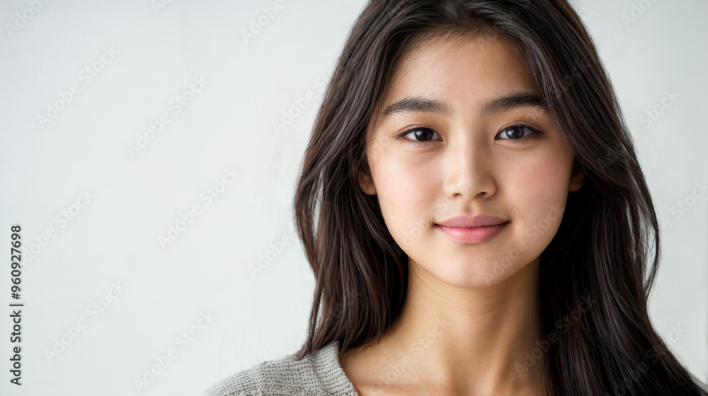 A simple studio portrait of a young, smiling, fresh faced smiling Asian teenage student looking directly at the viewer. Copy space. A simple studio portrait of a young, smiling, fresh faced smiling Asian teenage student looking directly at the viewer. Copy space.