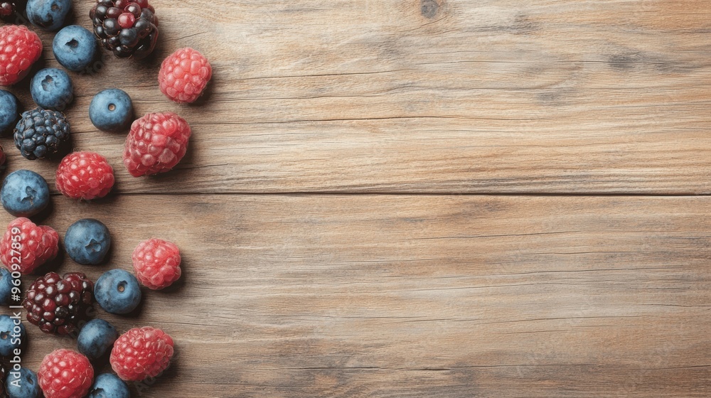 A vibrant mix of raspberries, blueberries, and blackberries is arranged on a textured wooden background, inviting a healthy snack A vibrant mix of raspberries, blueberries, and blackberries is arranged on a textured wooden background, inviting a healthy snack