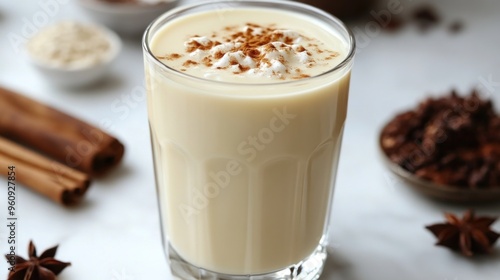Fototapeta Naklejka Na Ścianę i Meble -  A glass of eggnog with cinnamon and star anise on top, surrounded by ingredients like cinnamon sticks, star anise, and cocoa powder.
