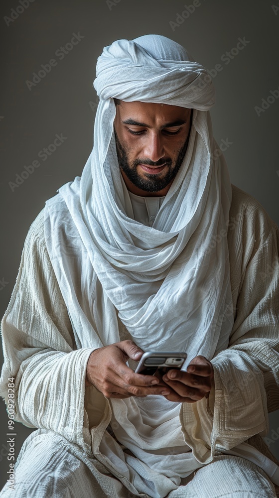 Traditional Middle Eastern Man in White Robes Using Smartphone Against Neutral Background Traditional Middle Eastern Man in White Robes Using Smartphone Against Neutral Background