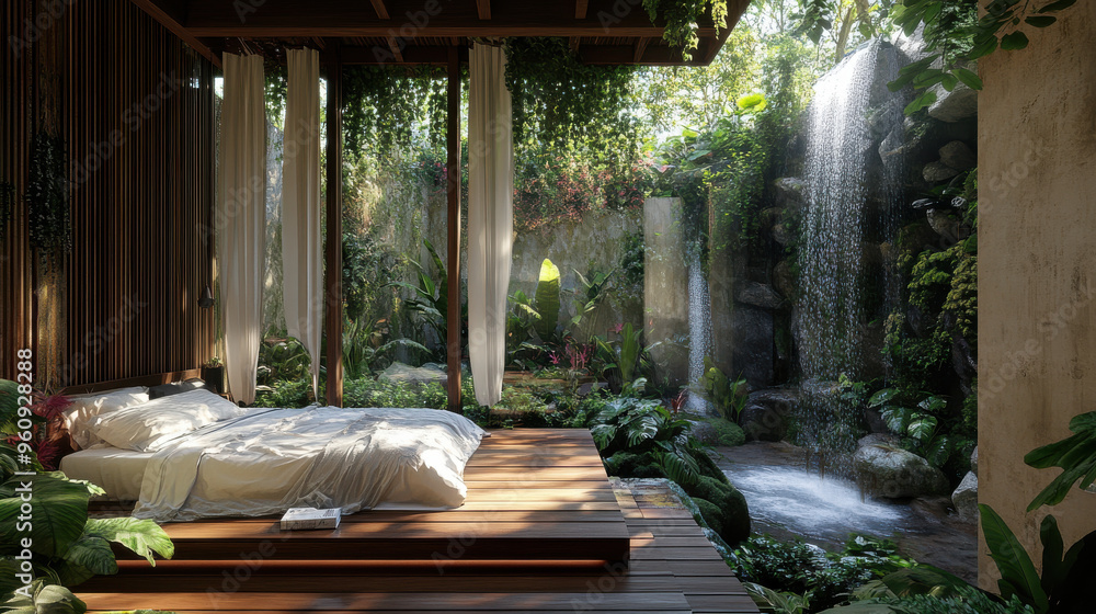 A tranquil room with a lover bed, surrounded by lush vegetation and waterfalls, designed A tranquil room with a lover bed, surrounded by lush vegetation and waterfalls, designed