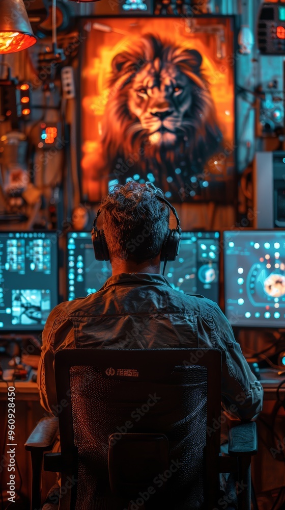 Man Wearing Headphones Working at a Multi-Screen Computer Setup in a Dimly Lit Room with Lion Poster Man Wearing Headphones Working at a Multi-Screen Computer Setup in a Dimly Lit Room with Lion Poster