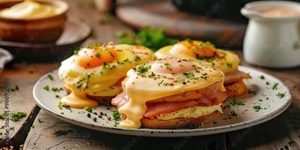 Eggs Benedict presented on English muffins accompanied by hollandaise sauce. Eggs Benedict presented on English muffins accompanied by hollandaise sauce.