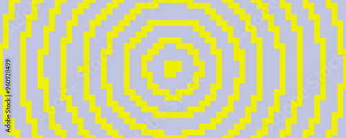 Pixelated concentric circles texture. Yellow and grey dithered radial lines background. Digitalized target for banner, poster, flyer, brochure, booklet. Vector rasterized aim overlay wallpaper