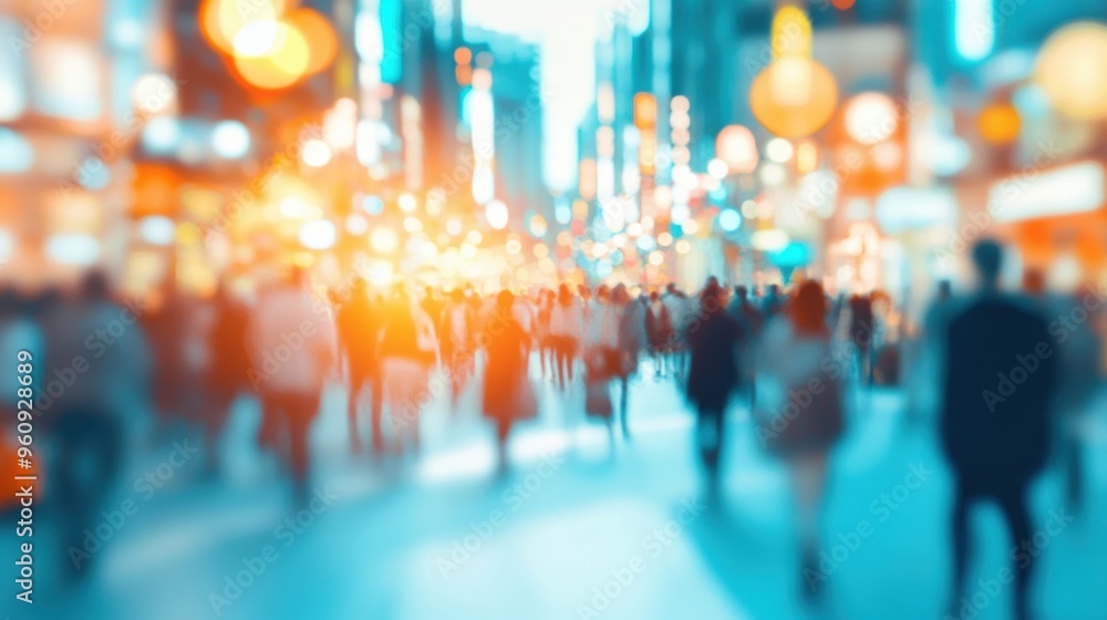 Crowds of people navigate a lively urban street, creating a dynamic blur of activity as evening lights illuminate the surroundings Crowds of people navigate a lively urban street, creating a dynamic blur of activity as evening lights illuminate the surroundings