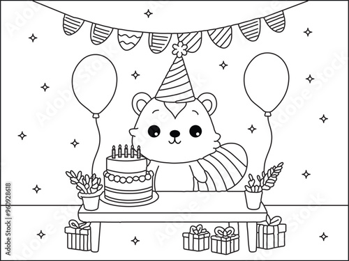 cute animal birthday party coloring page vector illustration