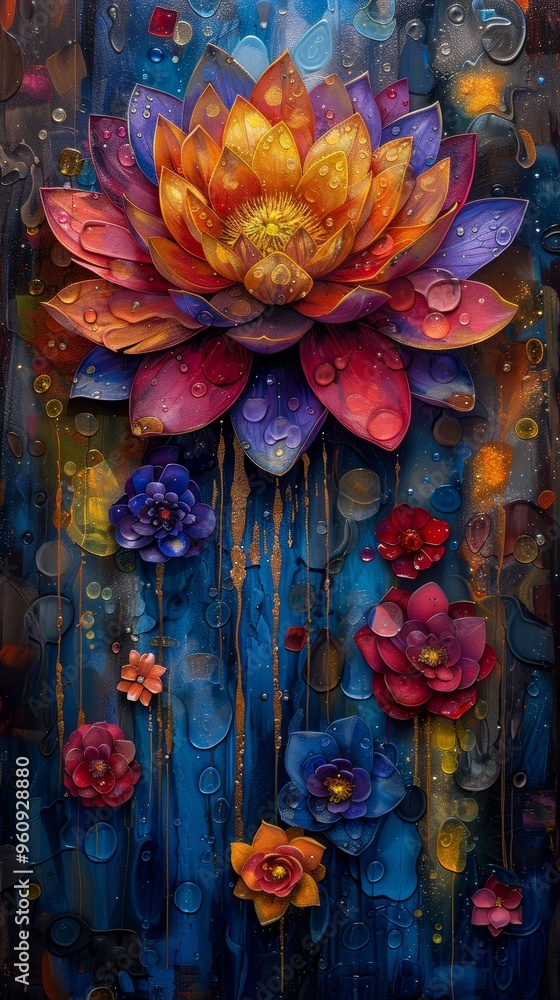 Fototapeta premium Vibrant Abstract Painting of Colorful Flowers with Water Droplets on a Dark Background