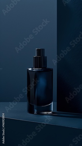 Elegant Dark Blue Perfume Bottle on Minimalist Geometric Background with Dramatic Lighting