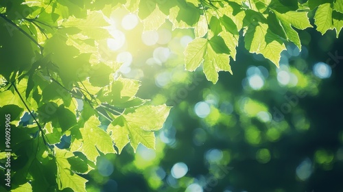 Sunlit Green Leaves with Bokeh Background