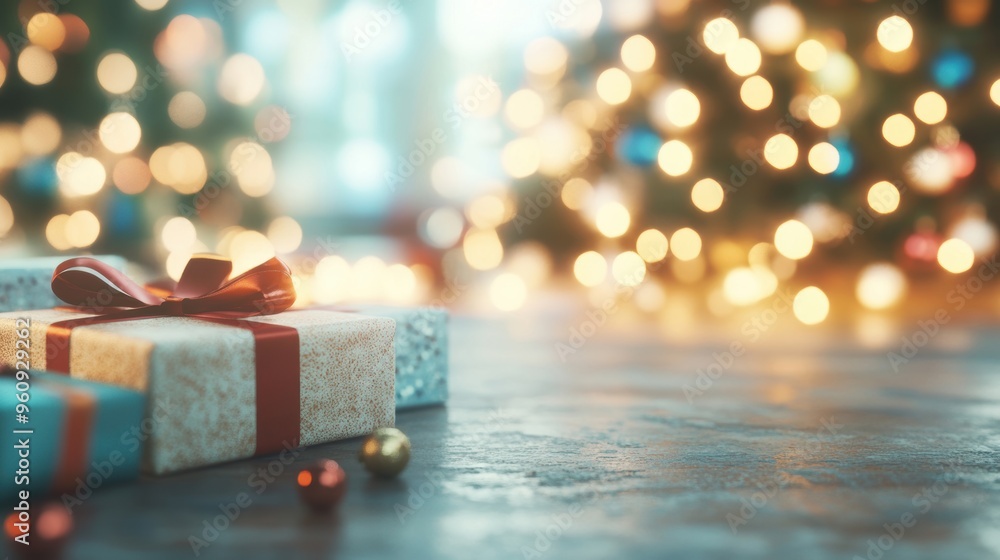 Presents decorated with ribbons rest under a tree adorned with sparkling bokeh lights, enhancing the cheerful holiday spirit