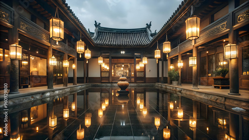 Majestic Temple Courtyard Aglow with Lanterns for Mid Autumn Festival