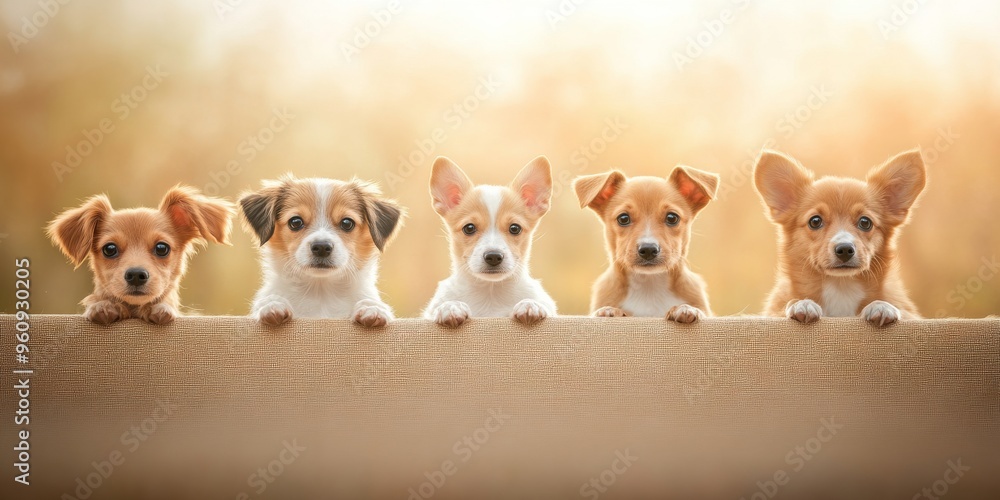 Bandeau - Cinq chiots, chiens alignés sur une barrière. Ambiance douce et ensoleillée, espace pour texte et ajustements Bandeau - Cinq chiots, chiens alignés sur une barrière. Ambiance douce et ensoleillée, espace pour texte et ajustements