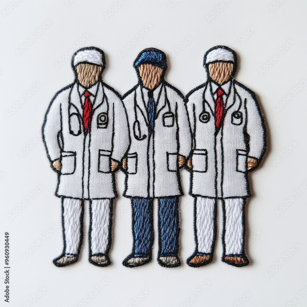 Three embroidered doctors in white coats standing together. Three embroidered doctors in white coats standing together.