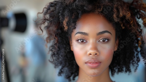 Portrait of a Young Woman with Natural Curly Hair in a Studio Setting with Soft Lighting