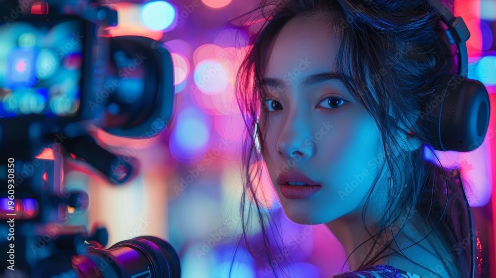 Portrait of a Young Woman with Headphones in a Neon-Lit Studio with Bokeh Background Portrait of a Young Woman with Headphones in a Neon-Lit Studio with Bokeh Background