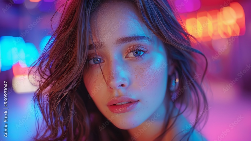 Portrait of a Young Woman with Freckles in Vibrant Neon Lighting, Close-Up Shot Portrait of a Young Woman with Freckles in Vibrant Neon Lighting, Close-Up Shot
