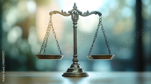 A close-up of a balanced scale illustrating legal precision and equality, with justice scales in perfect measurement (focus on, legal integrity theme, ethereal, Double exposure, law book backdrop)